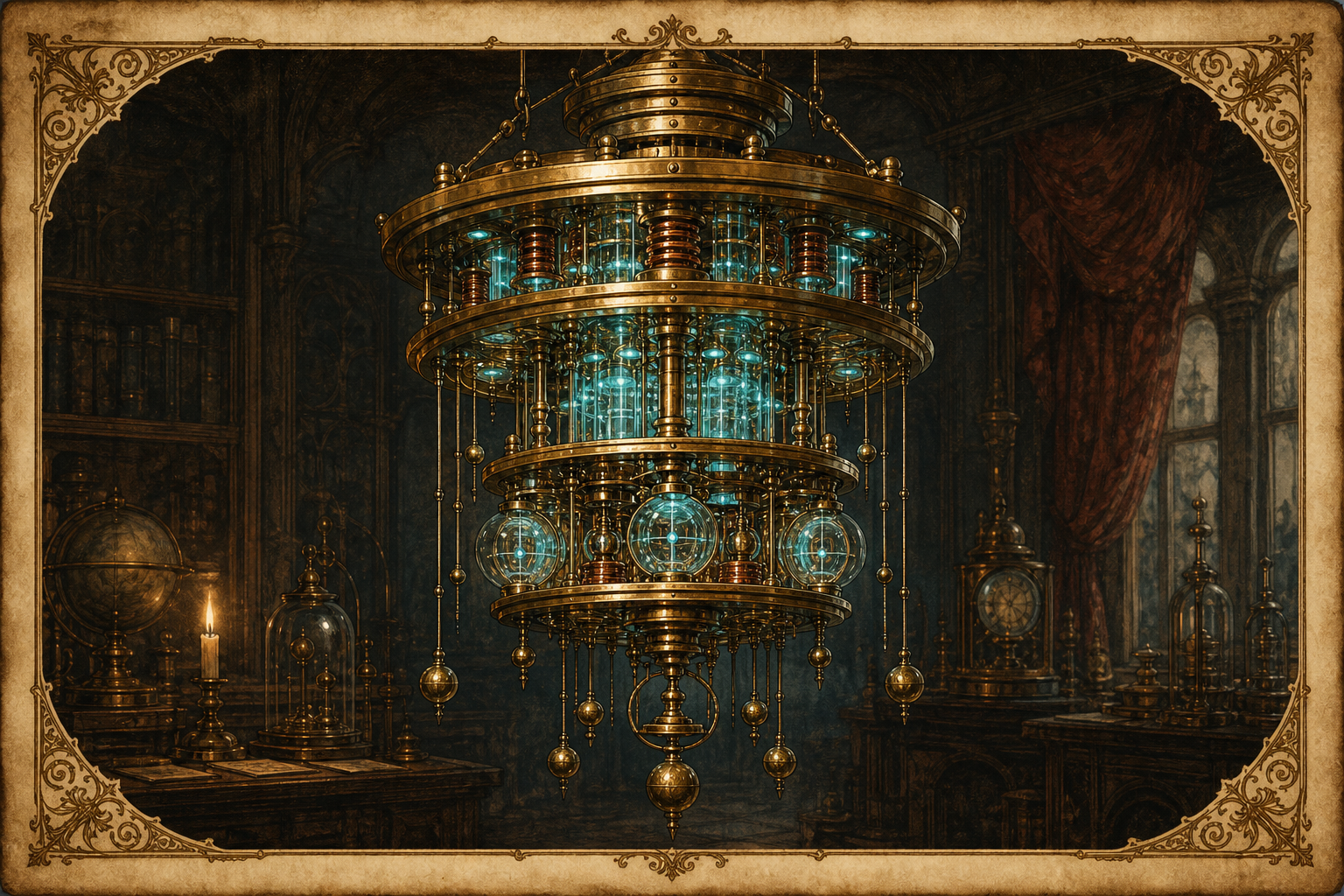 Artistieke verbeelding van een steampunk-quantumcomputer als kroonluchter